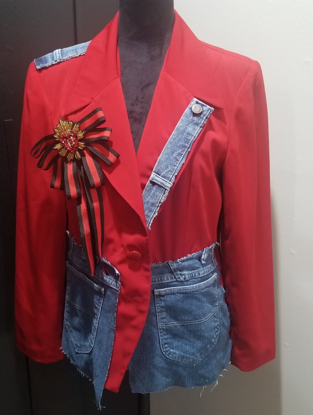Red Custom Blazer with Denim Patch Details